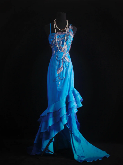Unique Blue Green Strapless Satin Beaded Long Wedding Guest Dress Formal Birthday Party Dress Prom Gown