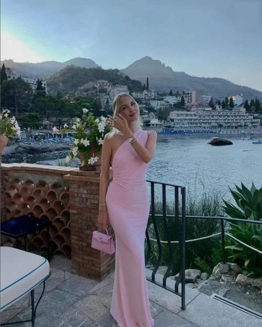 Pink One Shoulder Open Back Prom Dress Sheath Long Party Evening Gown cc2395