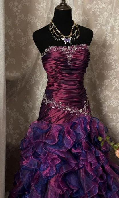 Glamorous Strapless Purple Organza Ruffles Mermaid Evening Dress Long Prom Gowns With Beads SP1807