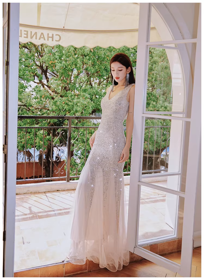Glitter V Neck Champagne Silver Sequin Tulle Mermaid Long Evening Dress Party Gown