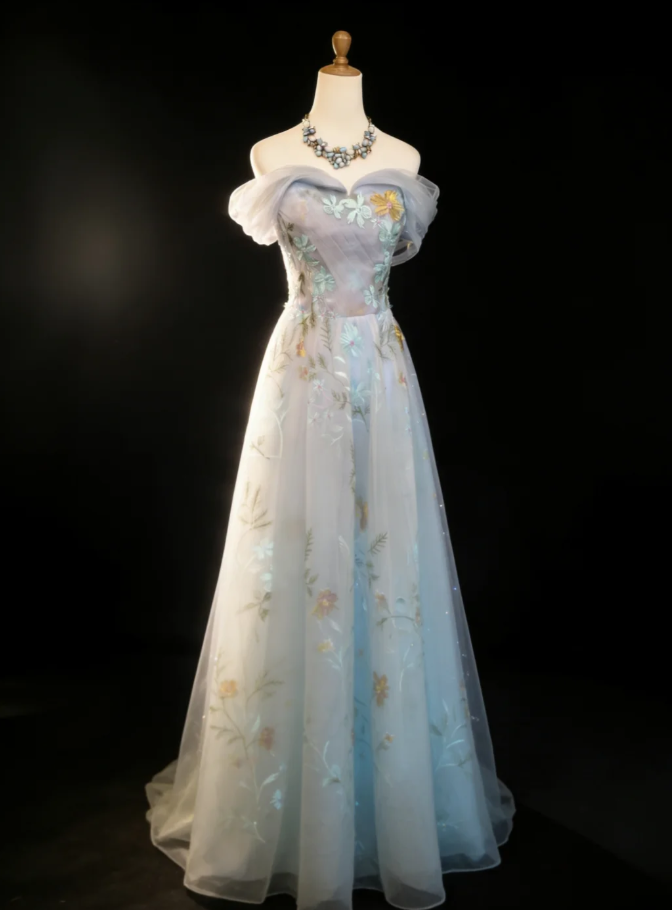 Classy Blue Off The Shoulder Tulle Appliques A Line Long Party Dress Birthday Prom Dresses SP1624