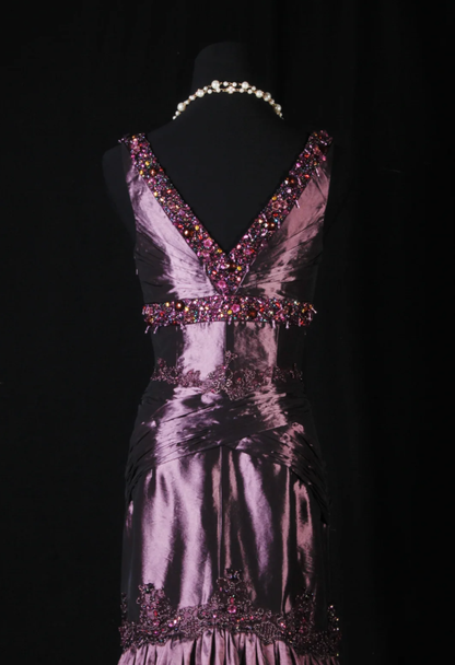 Vintage Purple V Neck Satin Beaded Mermaid Evening Dress Long Birthday Party Gown