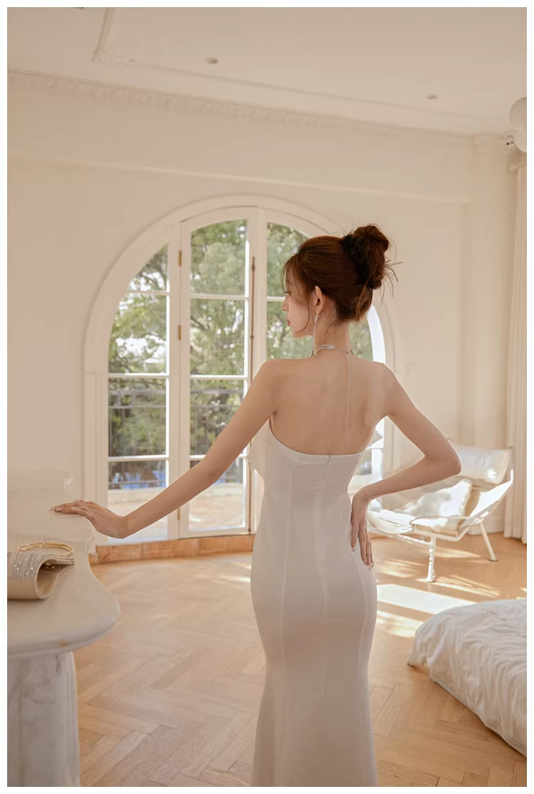 Classy White Strapless Bow Satin Mermaid Long Wedding Guest Dress Formal Evening Dress Prom Gown