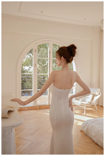 Classy White Strapless Bow Satin Mermaid Long Wedding Guest Dress Formal Evening Dress Prom Gown