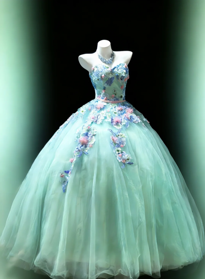 Glamorous Green Strapless Tulle Appliques Quinceanera Dress Sweet 16 Dress SP1586