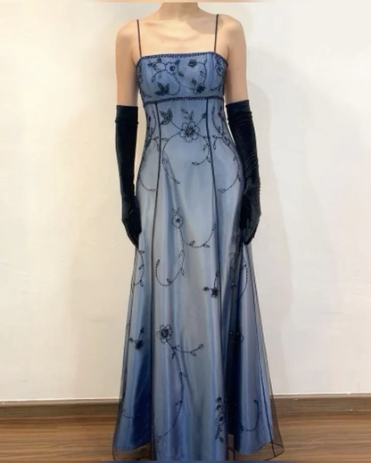 Gorgeous Spaghetti Straps Blue Tulle Beaded Mermaid Eevening Dress Long Birthday Party Gown