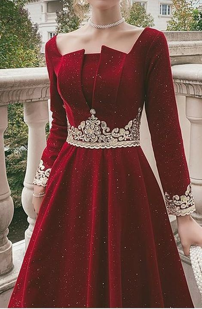 Pretty Red Velvet Beaded Appliques A Line Birthday Party Dress Long Evening Gown