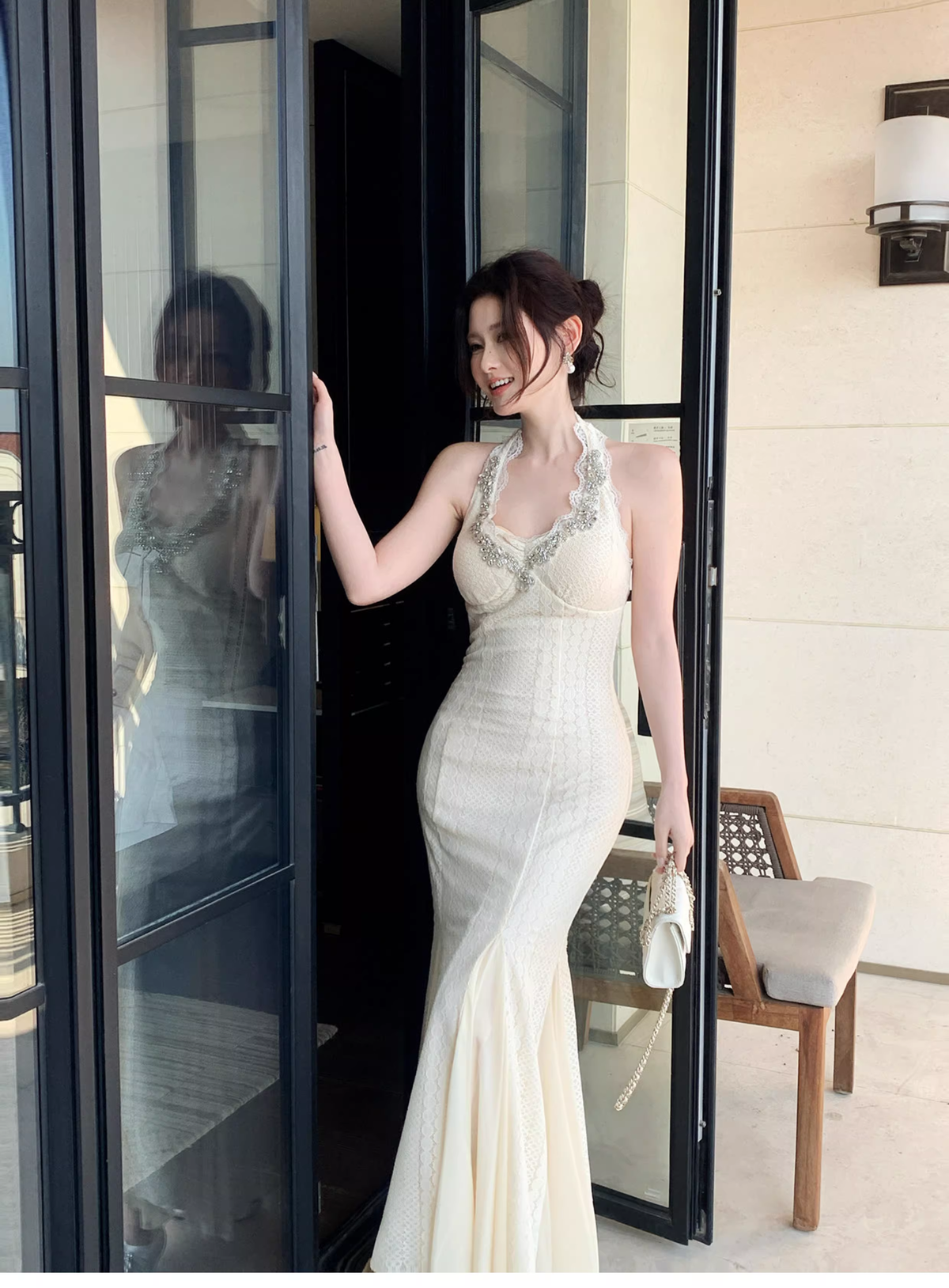 Charming Light Apricot Halter Lace Beaded Mermaid Party Dress Long Birthday Prom Gown SP1497