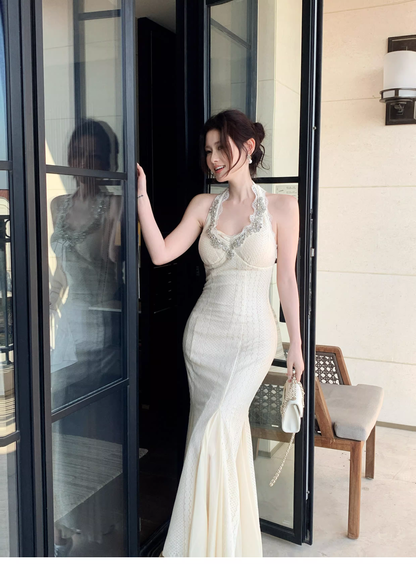 Charming Light Apricot Halter Lace Beaded Mermaid Party Dress Long Birthday Prom Gown SP1497