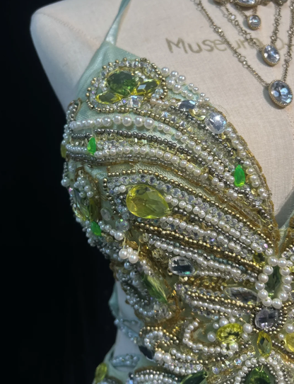 Pretty Sage Green Halter Satin Tulle Butterfly Beaded Mermaid Evening Dress Long Party Gown SP1864