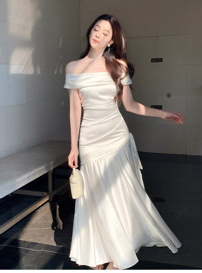 Charming Off The Shoulder White Satin Pleated Mermaid Long Evening Dress Birthday Dress SP1642