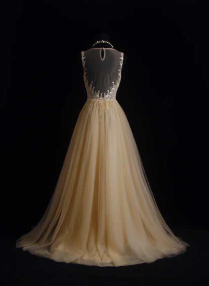 Luxurious Champagne Sleeveless Tulle Beaded Mermaid Long Birthday Party Dress Evening Gown