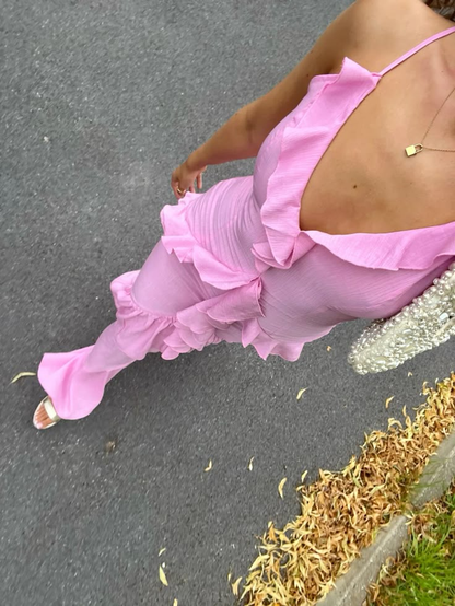 Pretty Pink Spaghetti Straps Satin Ruffle Mermaid Slit Evening Dress Long Party Gown