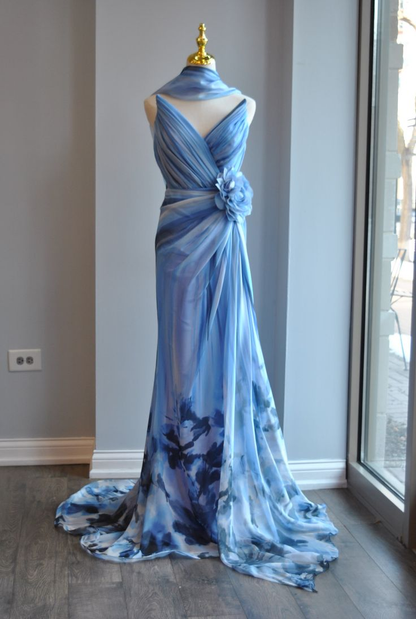 Pretty V Neck Blue Ombre Chiffon Print Floral Pleated Mermaid Evening Dress Long Prom Gown With Ribbon SP461