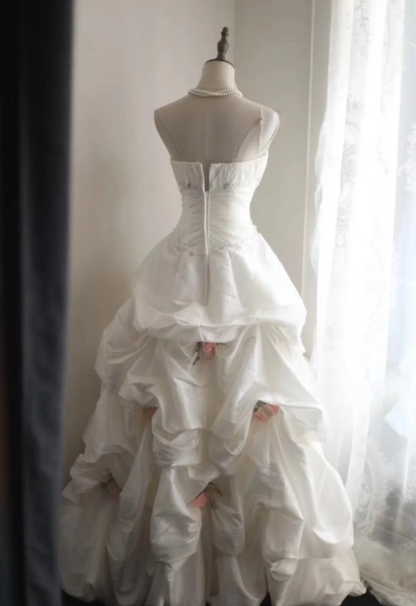 Elegant Strapless Ball Gown White Satin Pleated Floral Long Wedding Dress