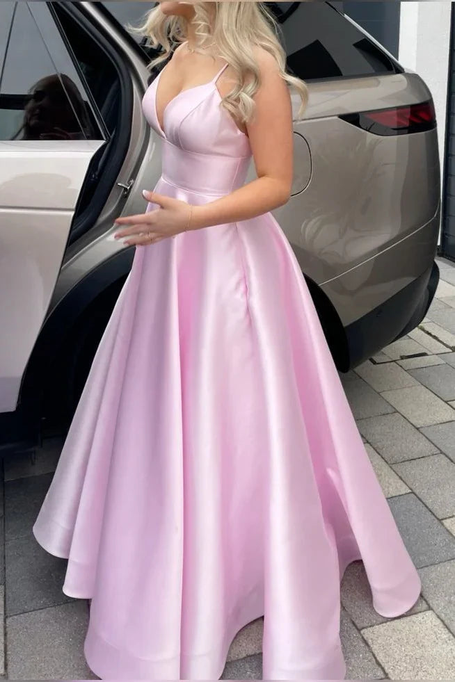 V-neck pink high waisted A-line dress