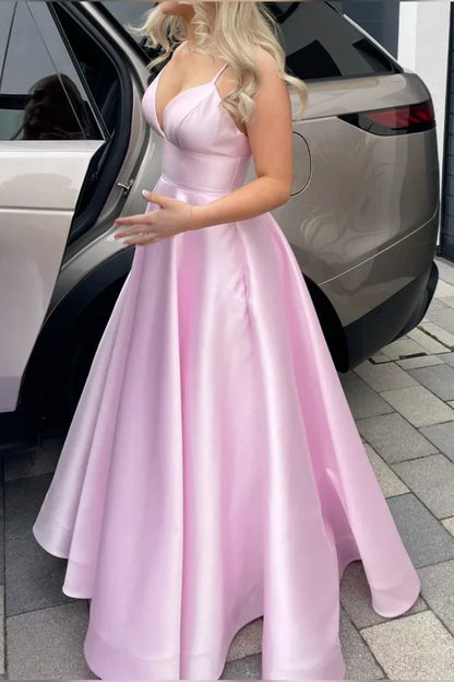 V-neck pink high waisted A-line dress