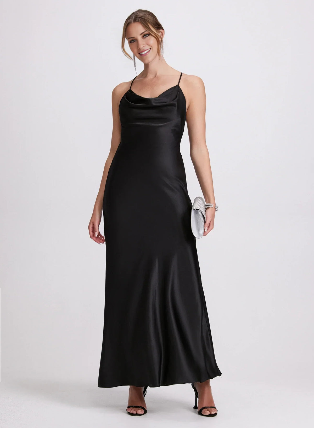 V-neckline off shoulder sleeveless thin shoulder strap backless and floor length Prom dress