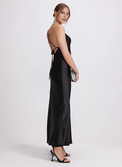 V-neckline off shoulder sleeveless thin shoulder strap backless and floor length Prom dress