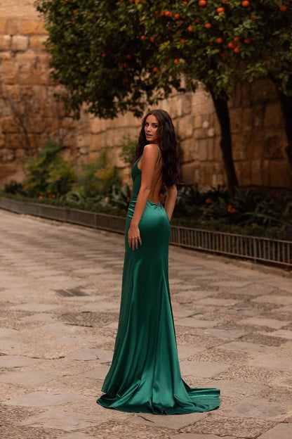 V-neckline off shoulder sleeveless thin shoulder strap backless side slit and floor length evening dress