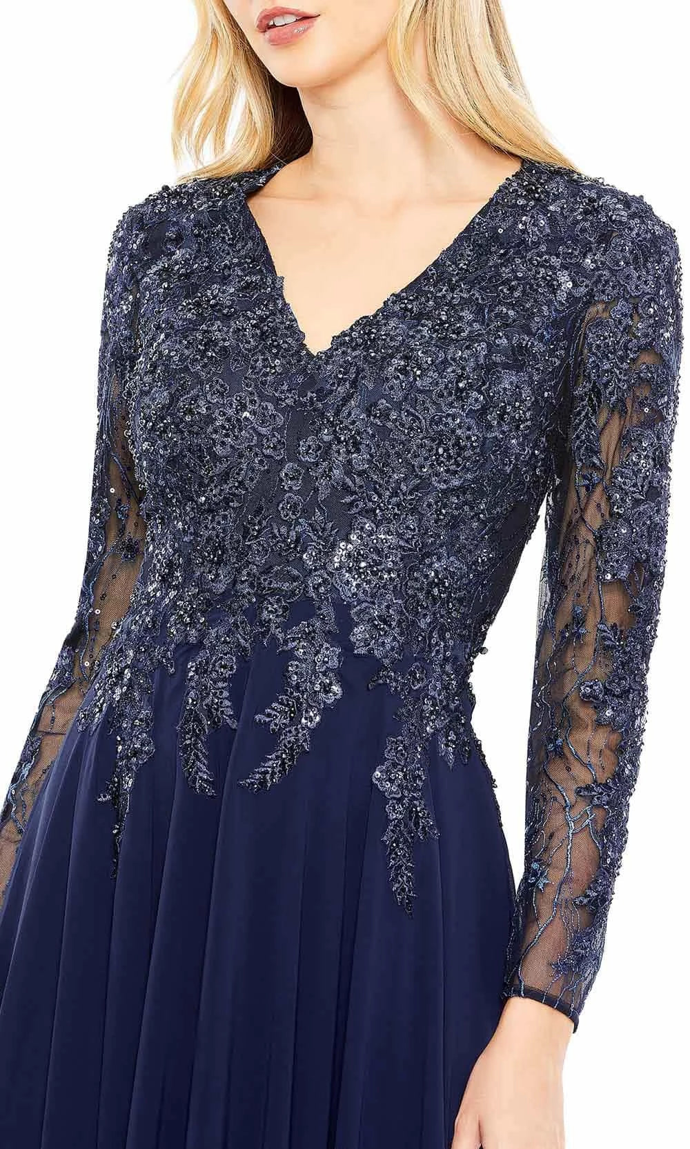 V-neck long sleeved embroidered floral mesh and floor length mother of the bride dress