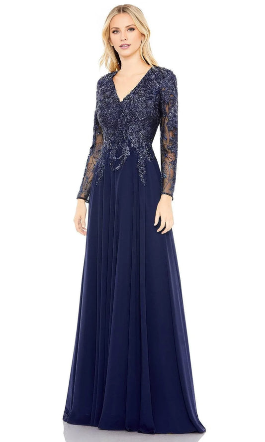 V-neck long sleeved embroidered floral mesh and floor length mother of the bride dress