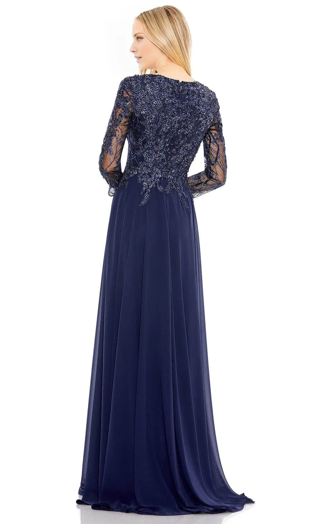 V-neck long sleeved embroidered floral mesh and floor length mother of the bride dress