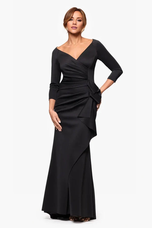 V-neck long sleeved pleated detail backless mermaid and floor length mother of the bride dress