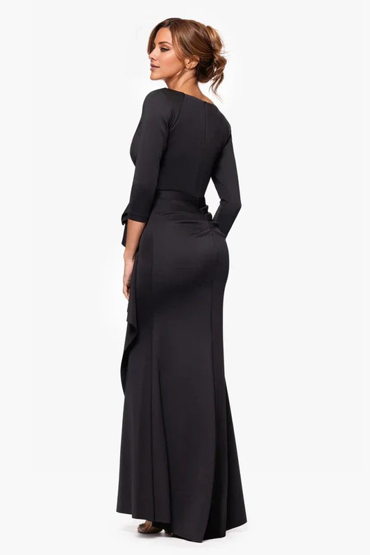 V-neck long sleeved pleated detail backless mermaid and floor length mother of the bride dress
