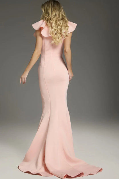 V-neck lotus leaf cuffs side slit and floor length evening dress