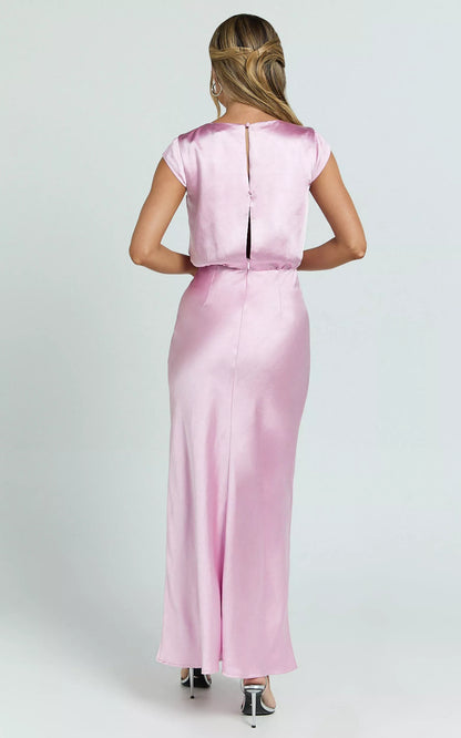 V-neck off shoulder short sleeved back button and floor length Prom dress