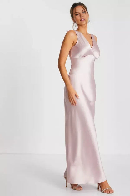 V-neck off shoulder sleeveless backless and floor length Prom dress