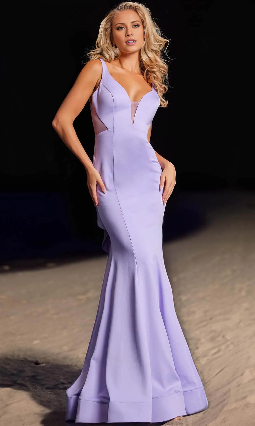 V-neck off shoulder sleeveless backless ruffle edge and floor length Prom dress
