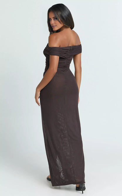 V-neck off shoulder sleeveless backless side slit and floor length Prom dress