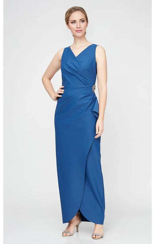 V-neck off shoulder sleeveless pleated detail backless and floor length mother of the bride dress