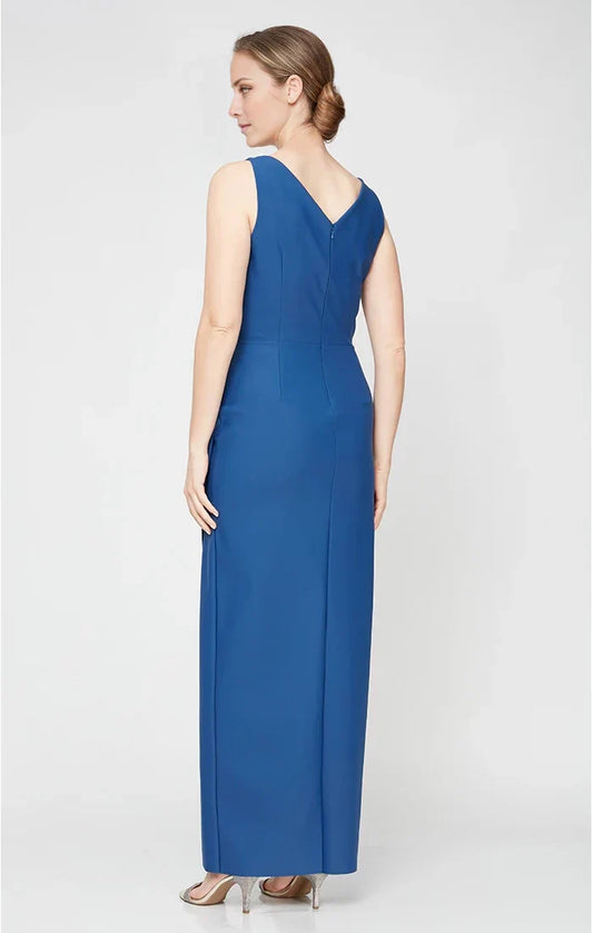 V-neck off shoulder sleeveless pleated detail backless and floor length mother of the bride dress