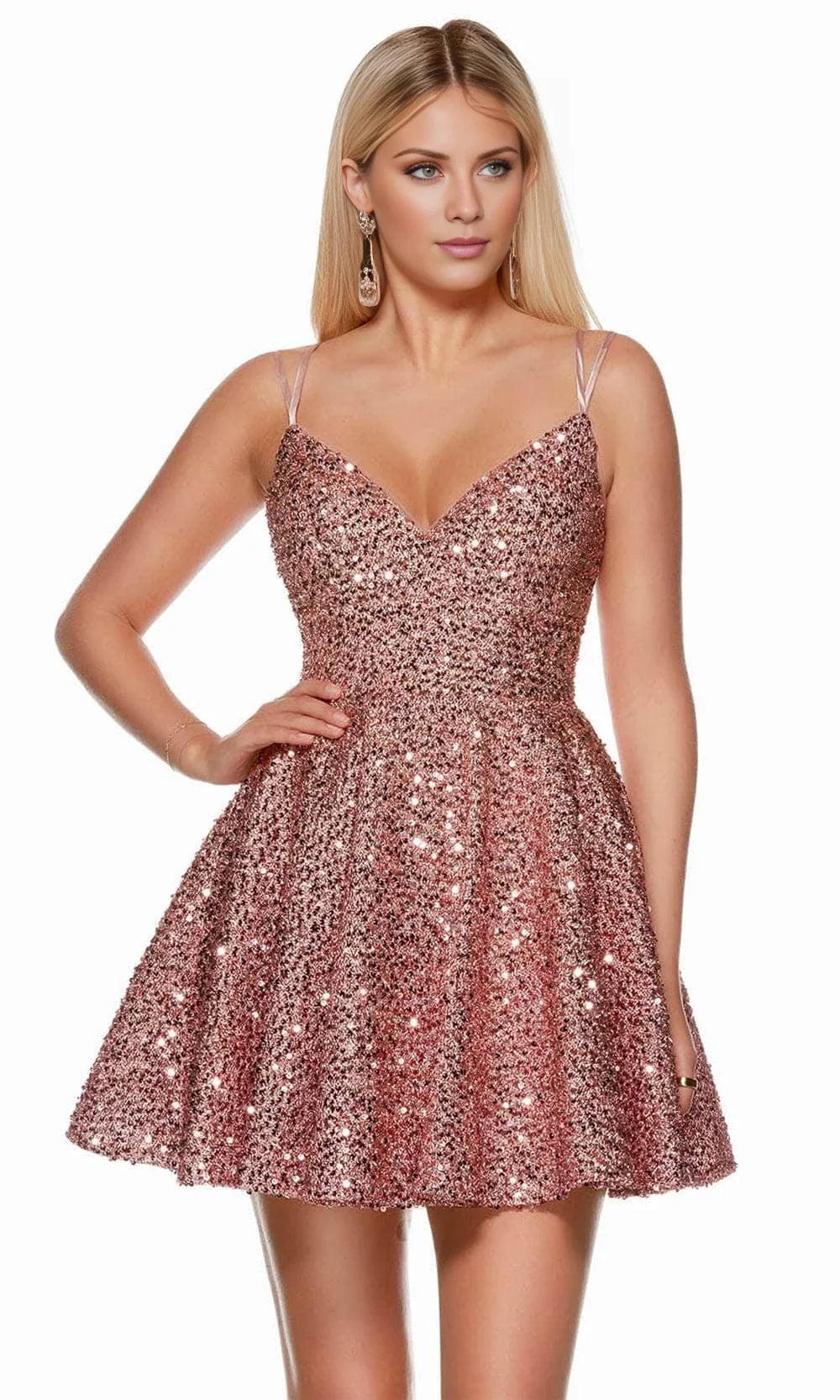 V-neck off shoulder sleeveless thin shoulder strap sequin backless short mini Homecoming Dress