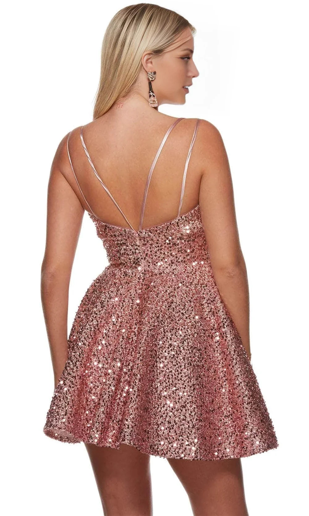V-neck off shoulder sleeveless thin shoulder strap sequin backless short mini Homecoming Dress
