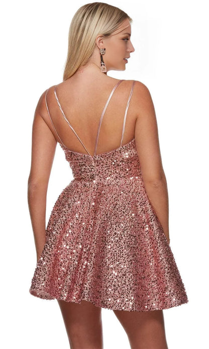 V-neck off shoulder sleeveless thin shoulder strap sequin backless short mini Homecoming Dress