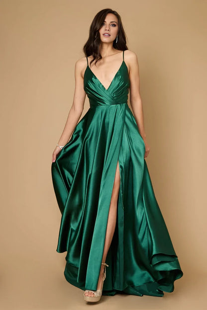 V-neck off shoulder sleeveless thin shoulder strap with backless side slit Prom dress