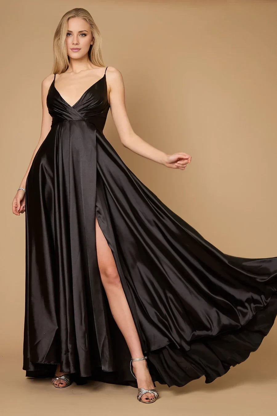 V-neck off shoulder sleeveless thin shoulder strap with backless side slit Prom dress