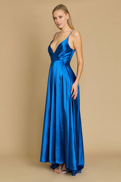 V-neck off shoulder sleeveless thin shoulder strap with backless side slit Prom dress