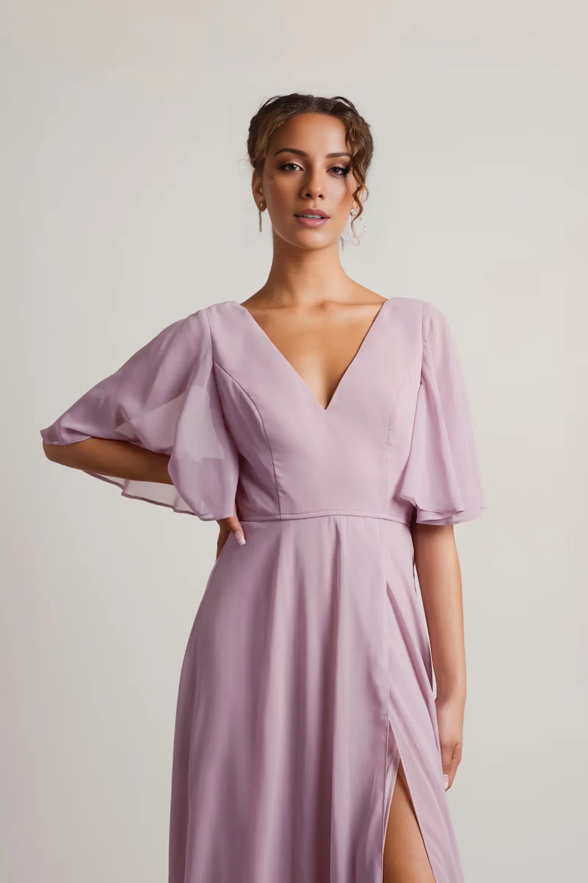 V-neck short sleeved backless side slit and floor length Prom dress