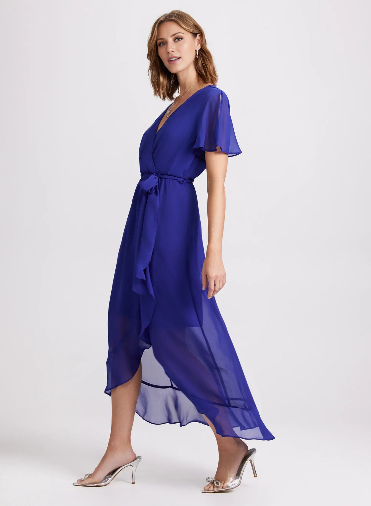 V-neck short sleeved chiffon pleated detail with side slit and floor length Prom dress