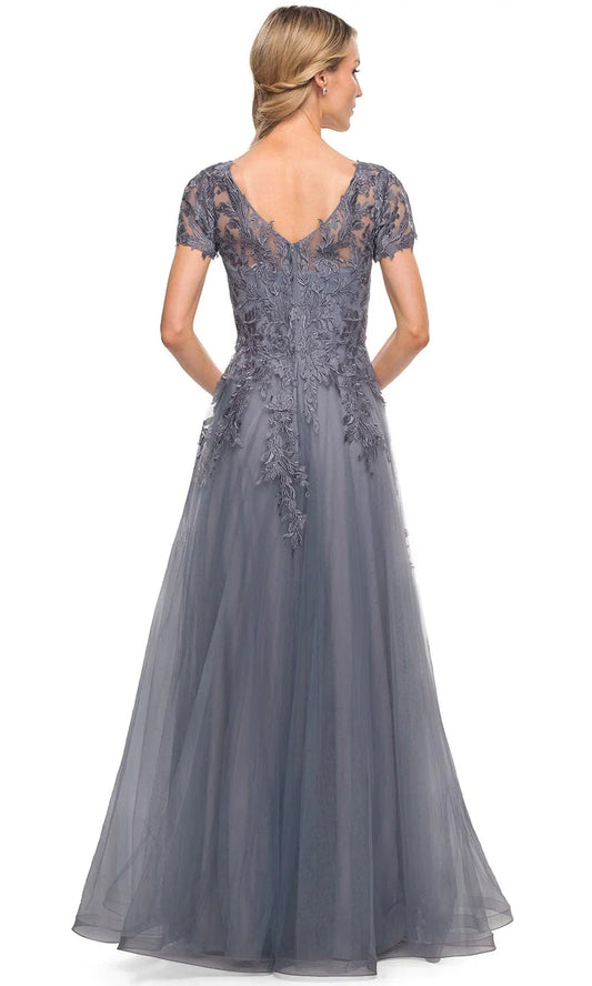 V-neck short sleeved lace chiffon backless and floor length mother of the bride dress