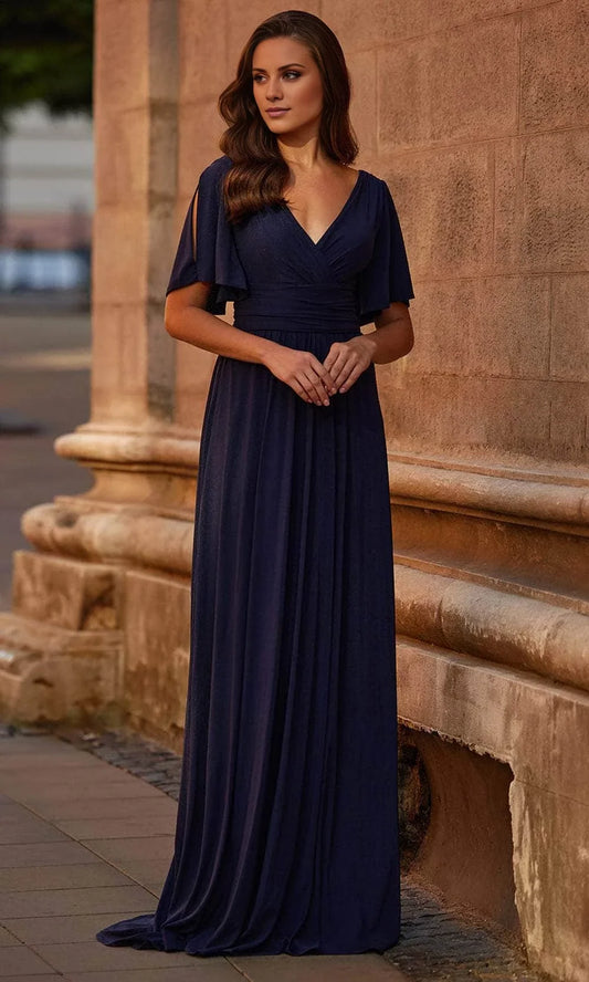 V-neck short sleeved pleated detail backless and floor length mother of the bride dress