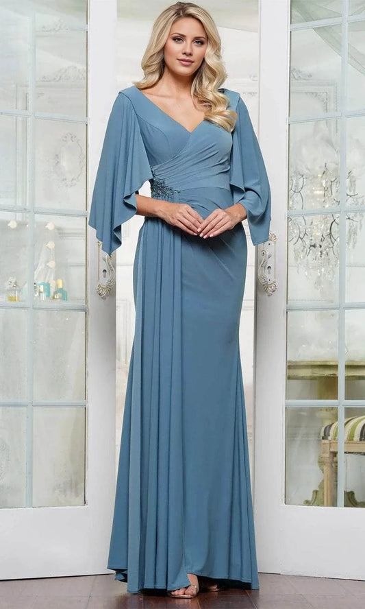 V-neck short sleeved pleated detail backless and floor length mother of the bride dress