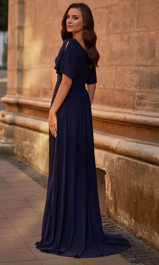 V-neck short sleeved pleated detail backless and floor length mother of the bride dress