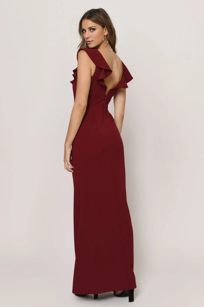 V-neck short sleeved ruffled hem backless split and floor length Prom dress