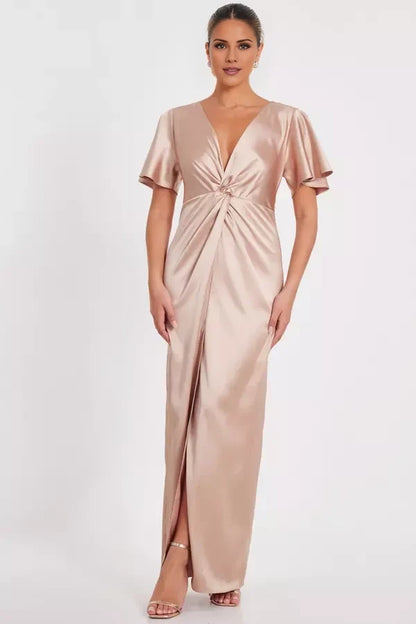 V-neck short sleeved side slit and floor length Prom dress
